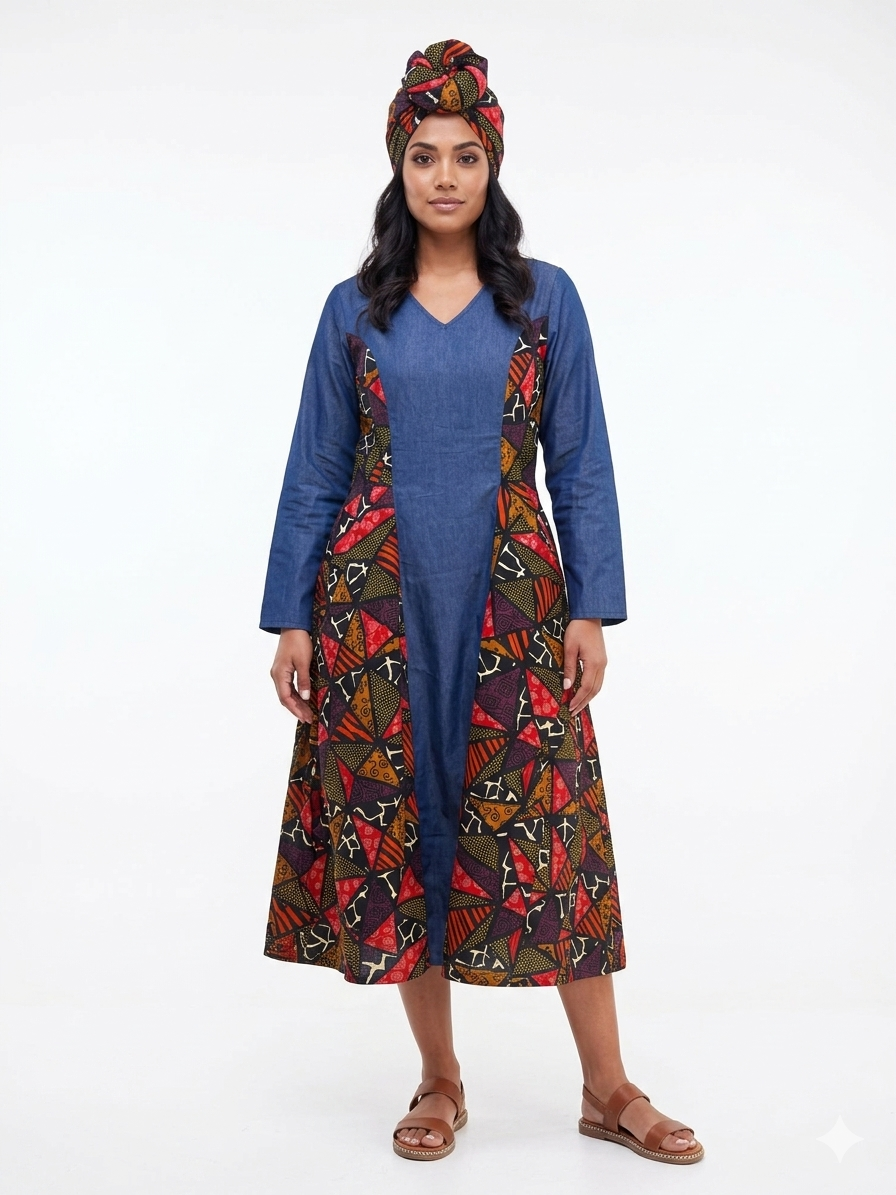 Denim Dress with Printed Patch -Etnia Negra