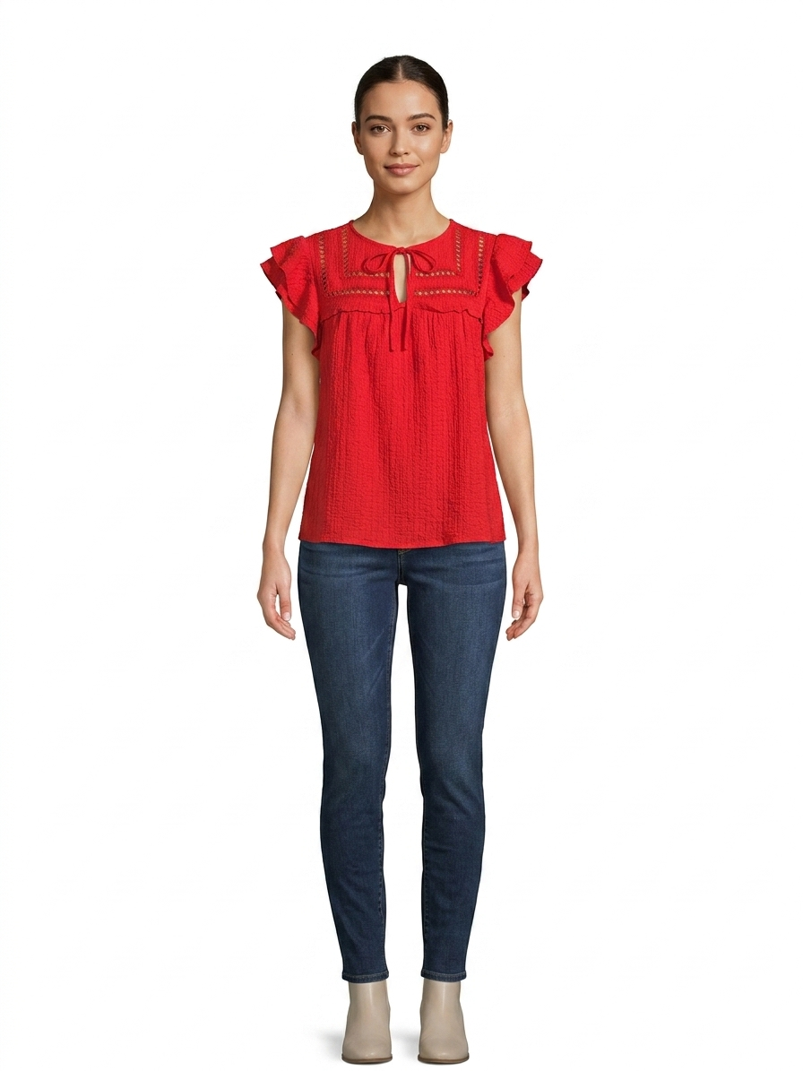 Short Flutter Sleeve Yoke Red / Flame Scarlet