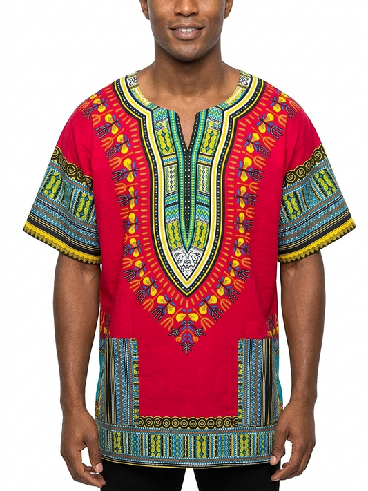 Plus Size Men Cotton Dashiki Fuchsia-Etnia Negra