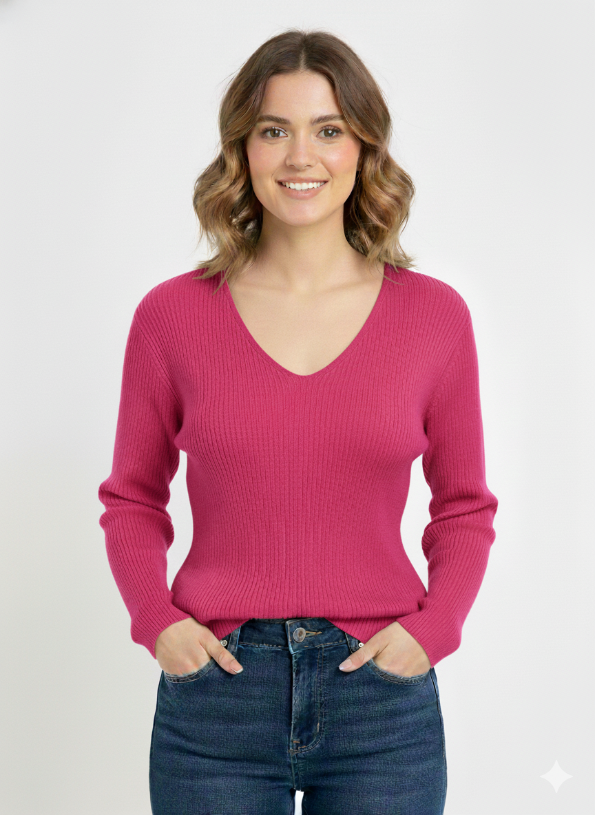 Ladies Solid Sweater Ribbed Neck Fuchsia  - Liz & Lilli