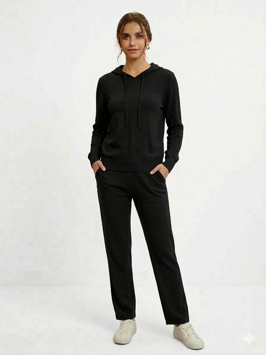 Ladies Stripe Sweater V Neck Top with Pant Set 2 Black - Liz & Lilli