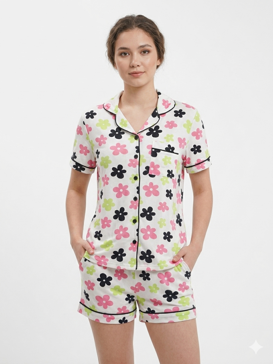 2 PC Short Set Collar Button Front White with Flowers Black-Pink