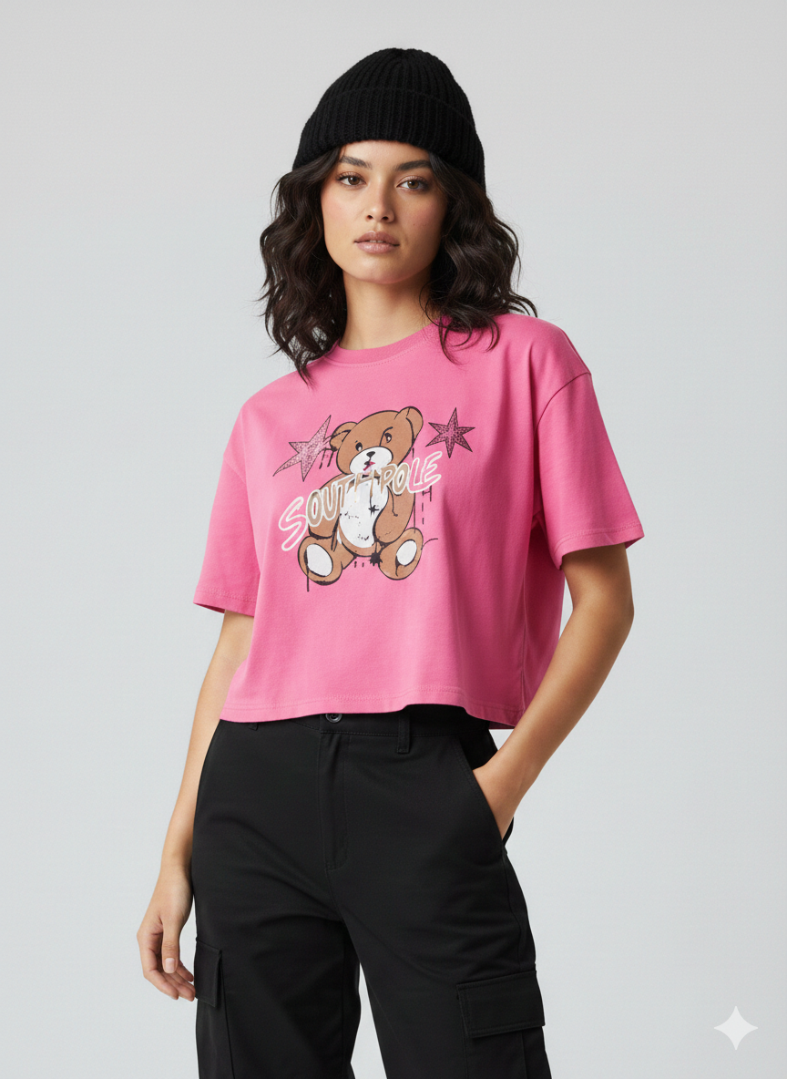 Bear Angel Devil Boxy Crop Tee Hot Pink