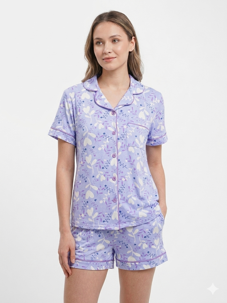 2 PC Short Set Collar Button Front Lilac with Flowers