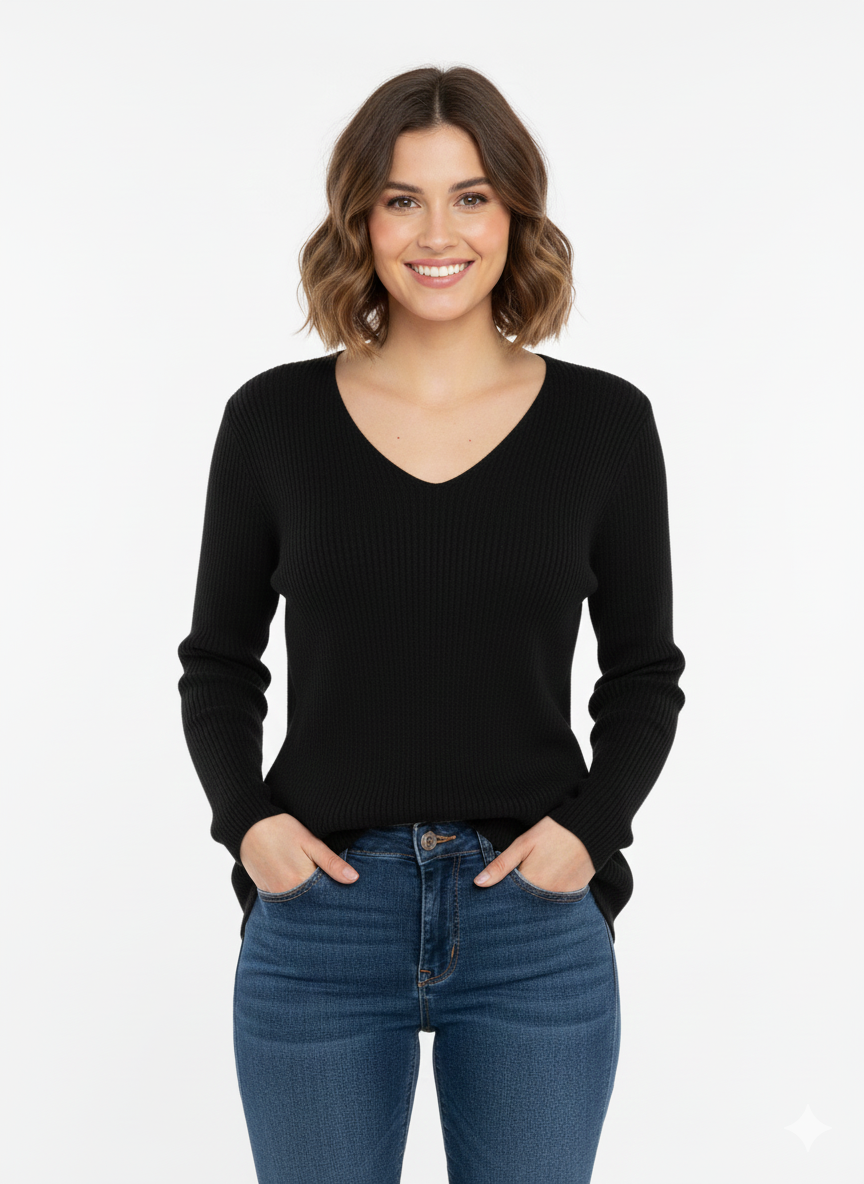 Ladies Solid Sweater Ribbed Neck Black  - Liz & Lilli