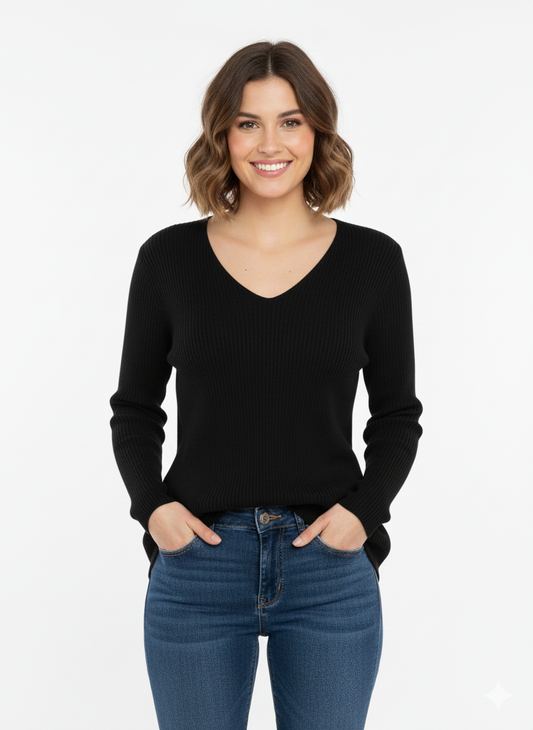 Ladies Solid Sweater Ribbed Neck Black  - Liz & Lilli