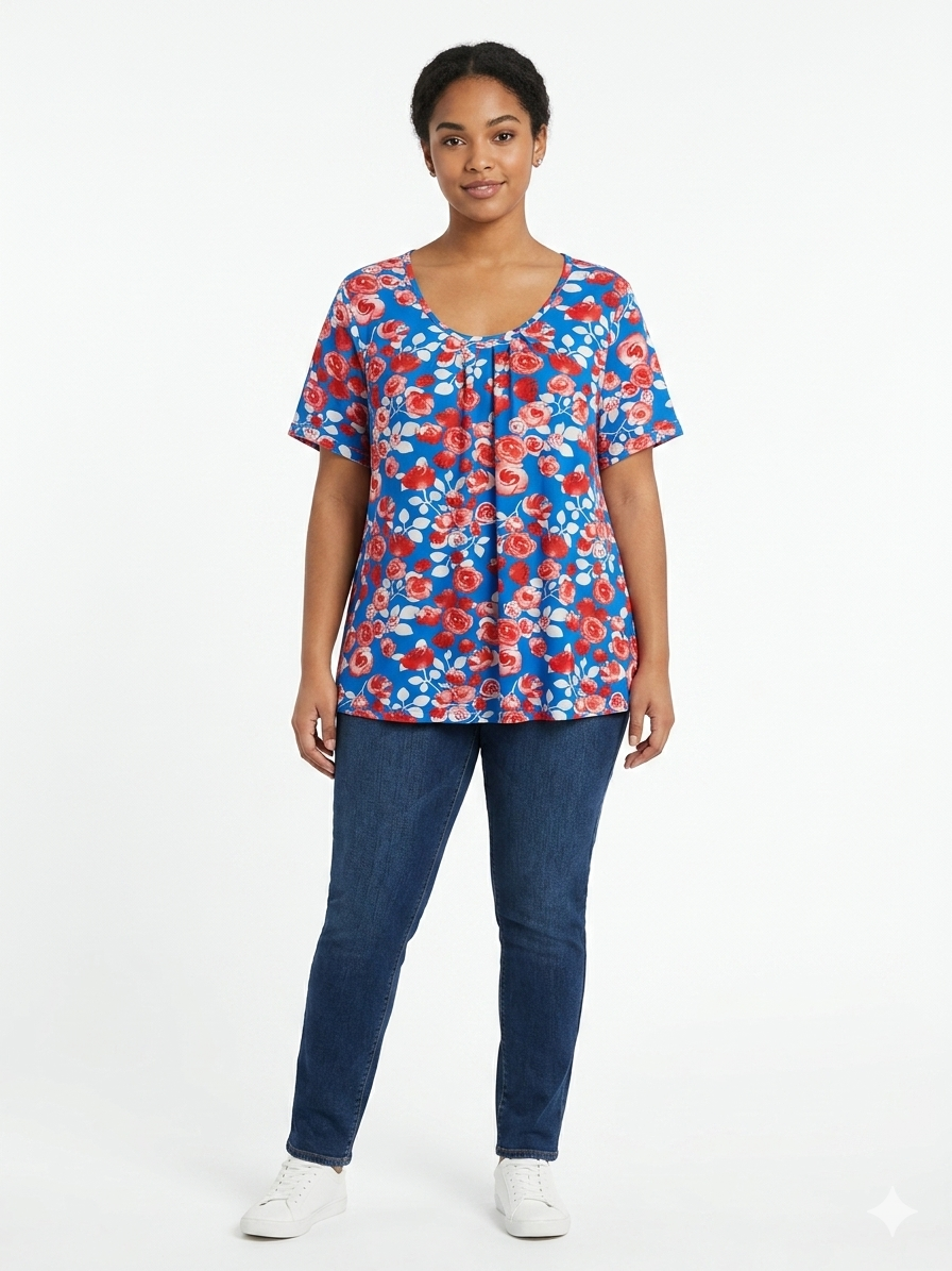 Ladies  Plus Size Top Blue-Red  Flowers