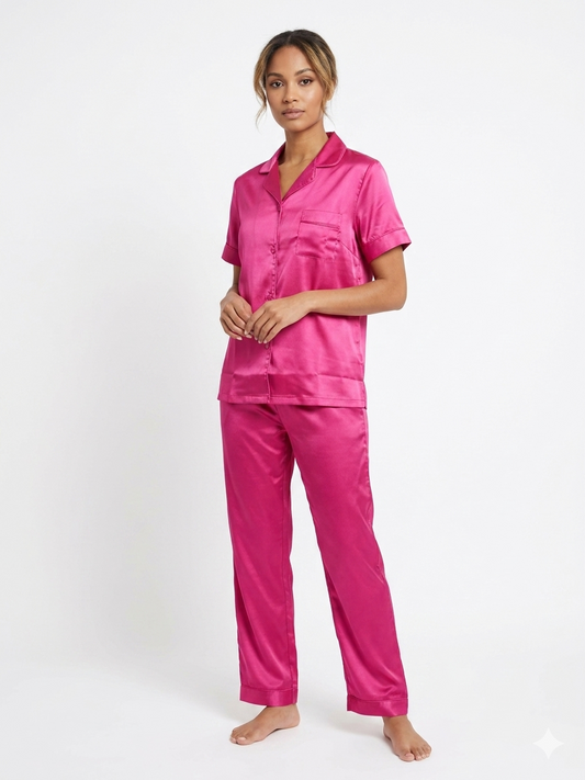 Ladies 2pc Notch Top / Long Pants Set Fuchsia