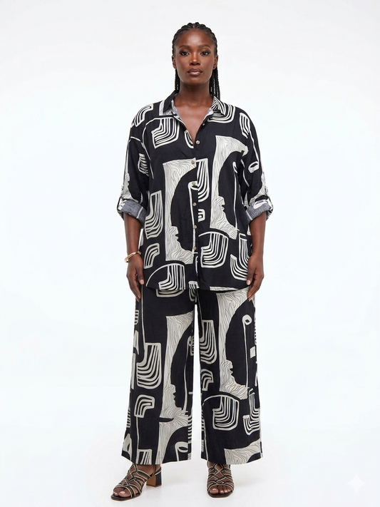 Printed 2pc Set, Sleeve Long Blouse -Pant - Etnia Negra