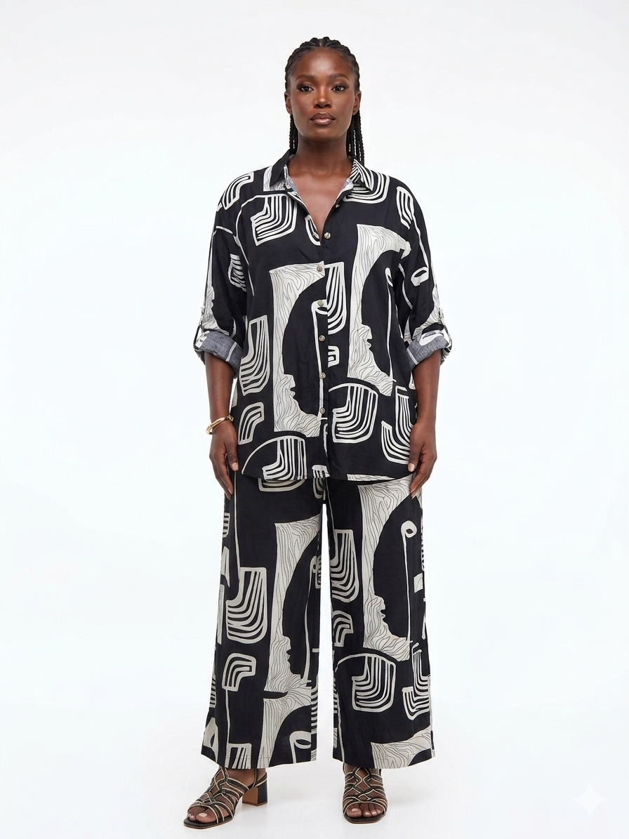 Printed 2pc Set, Sleeve Long Blouse -Pant - Etnia Negra