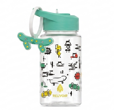 Botella de agua de 443 ml con diseño temático de patineta y correa, multicolor
