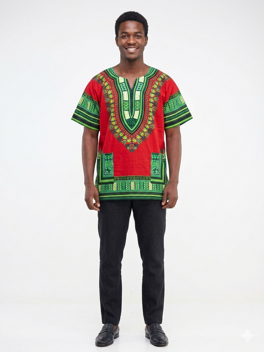Men Cotton Dashiki Red-Etnia Negra
