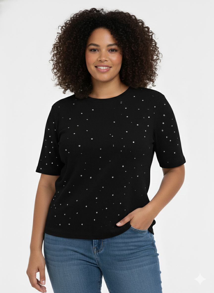 Plus Ladies Top Crew Neck Black and pearls - Liz & Lilli