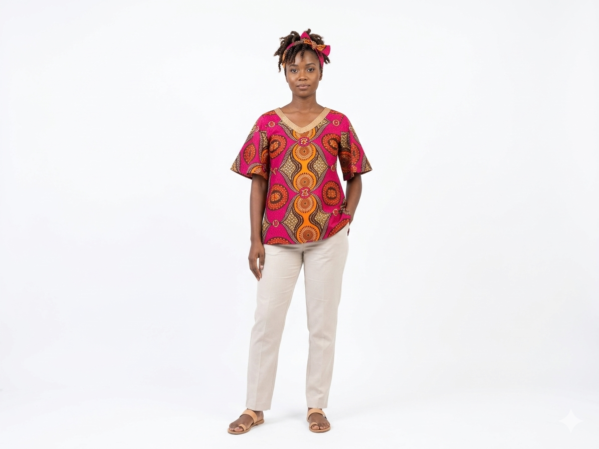 Camisa Dama Fucsia-Naranja-Mostaza (Etnia Negra)