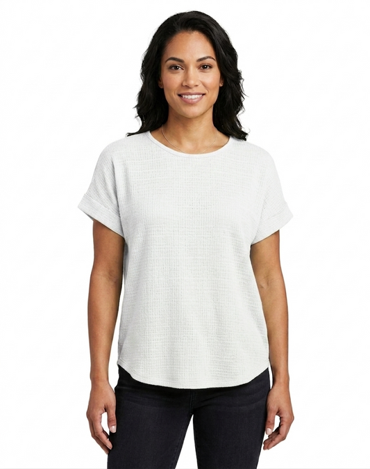 Sleeve Scoop Neck Dolman Top w / Non - Functional CB Buttons White- Ninety