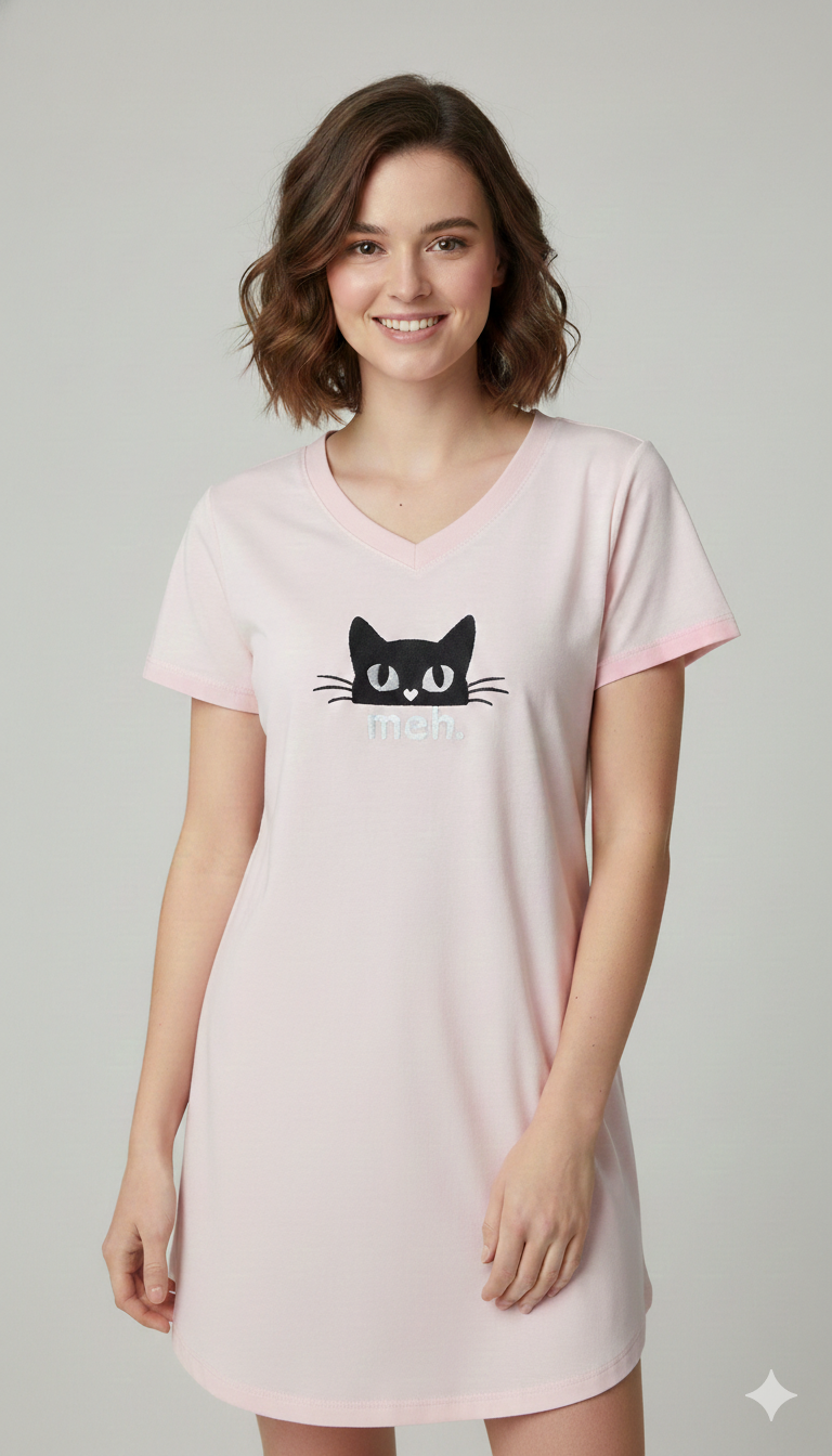 V Neck nightshirt Cat Meh Pink