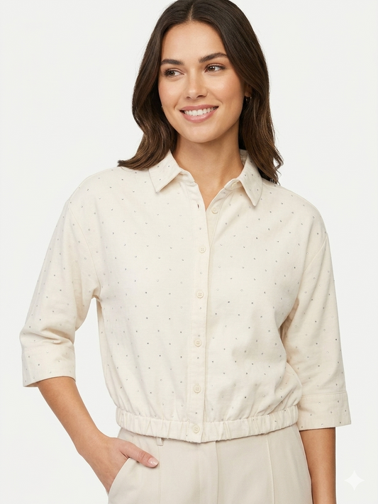 Dolman Sleeve Elastic Waist Button Down White Sand