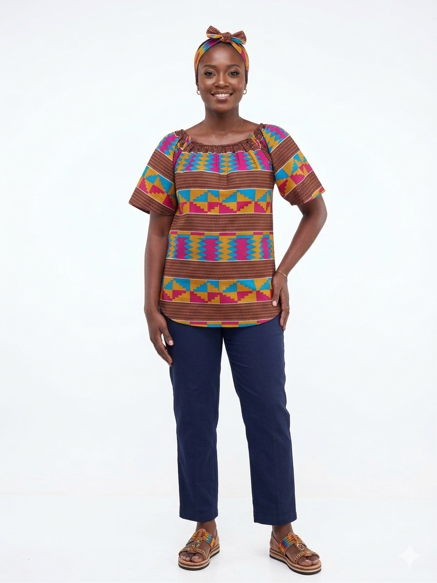 Camisa Dama Chocolate con  franjas azul-fucsia-mostaza (Etnia Negra)