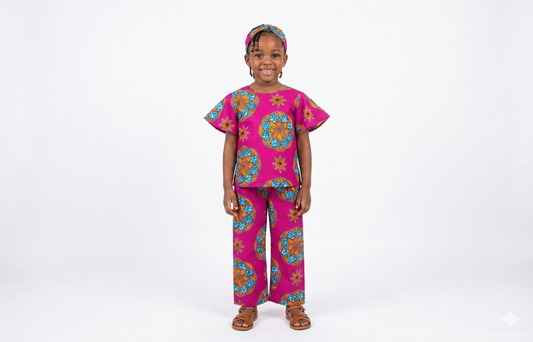 Conjunto Niña Fucsia-Naranja-Azul ( Etnia Negra)