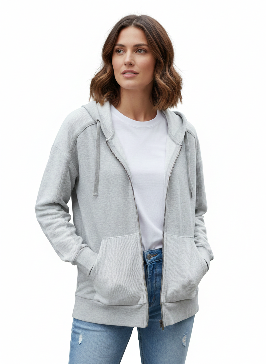 Reverse Seamed Zip Front Hoodie Heather Grey