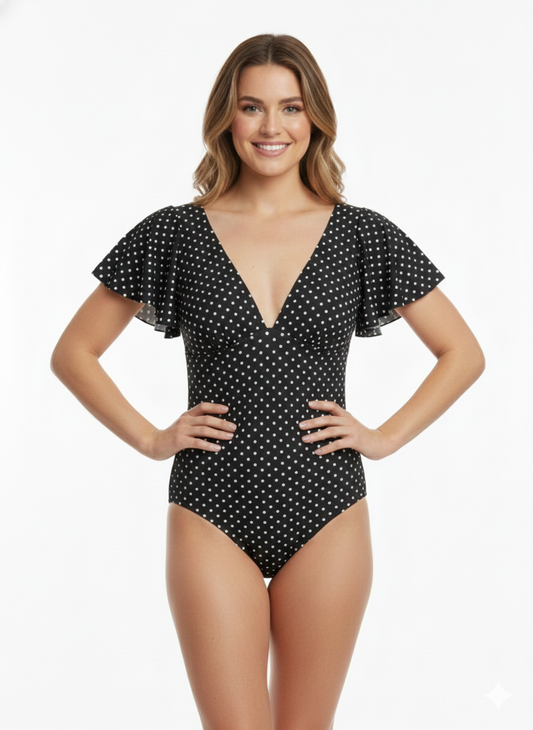 Ladies 1pc Swimsuit Combo (Negro puntos Blancos ) - Joan Vass