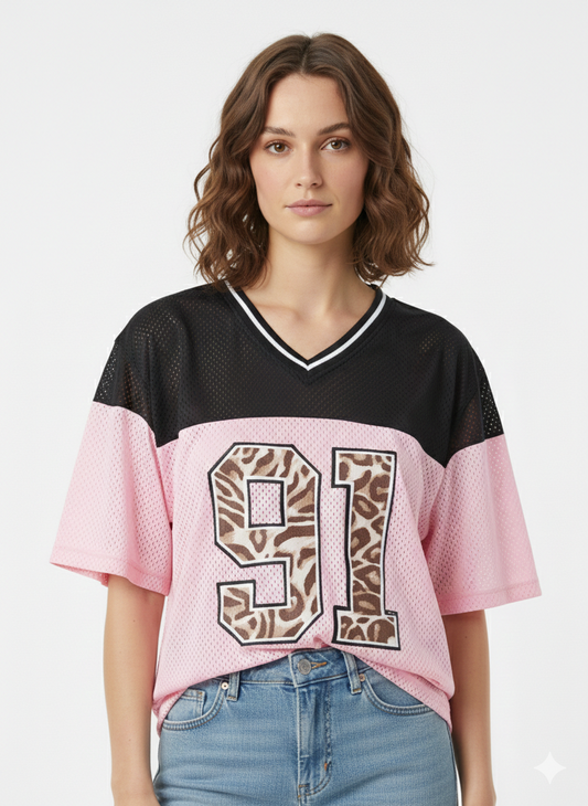 Cheetah v Neck Jersey Light Pink