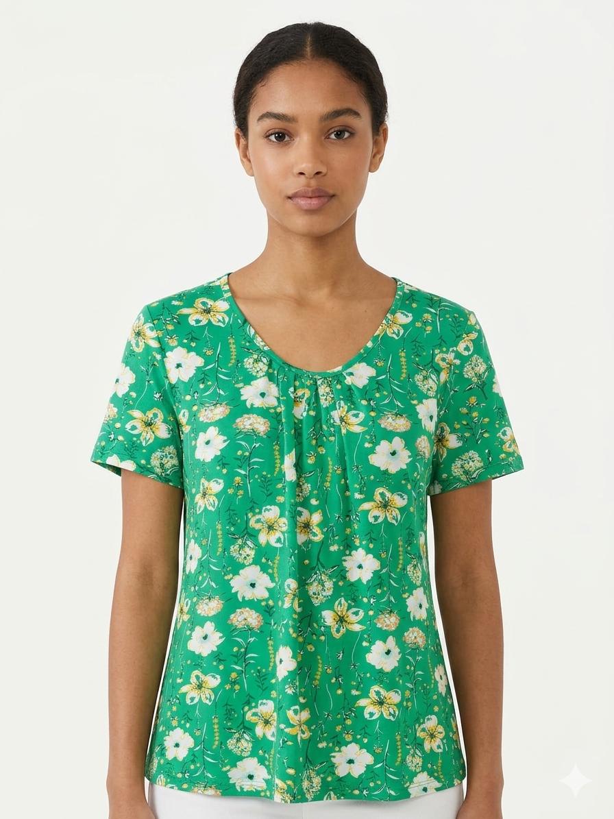 Ladies  Plus Size Top Green Flowers