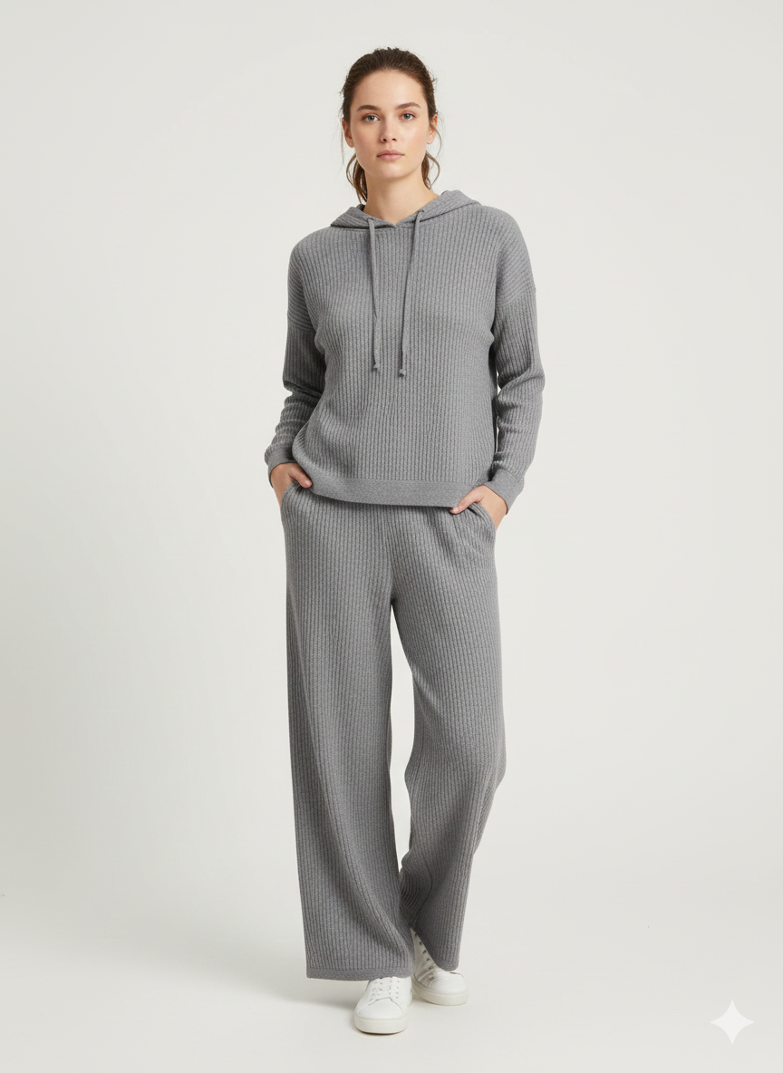 Ladies Solid Sweater Hooded Top with Pant  Set 2 Charcoal - Liz & Lilli
