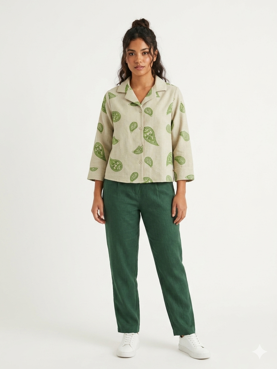 Long Sleeve Embroidered Camp Shirt  Stone Fern
