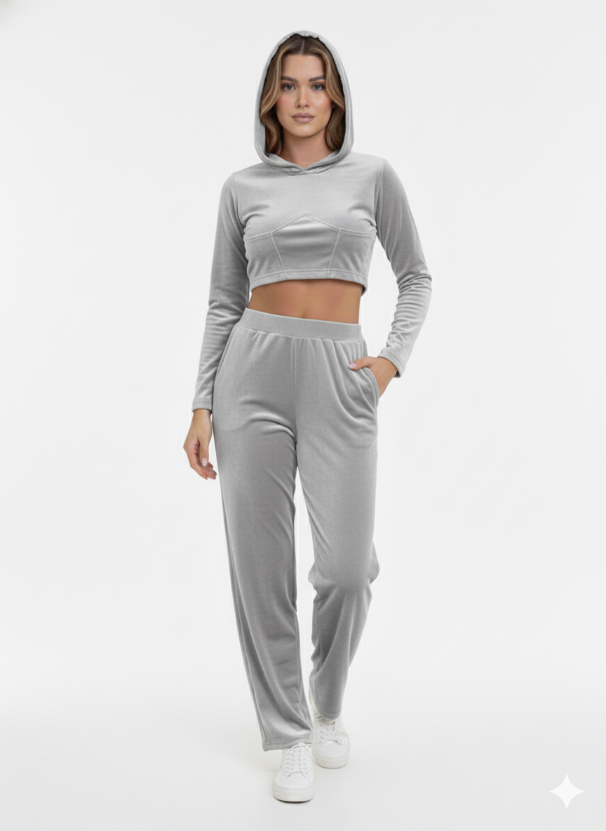 Ladies Velour Hoodie Top  with Pant  Set 2 Grey- Liz & Lilli