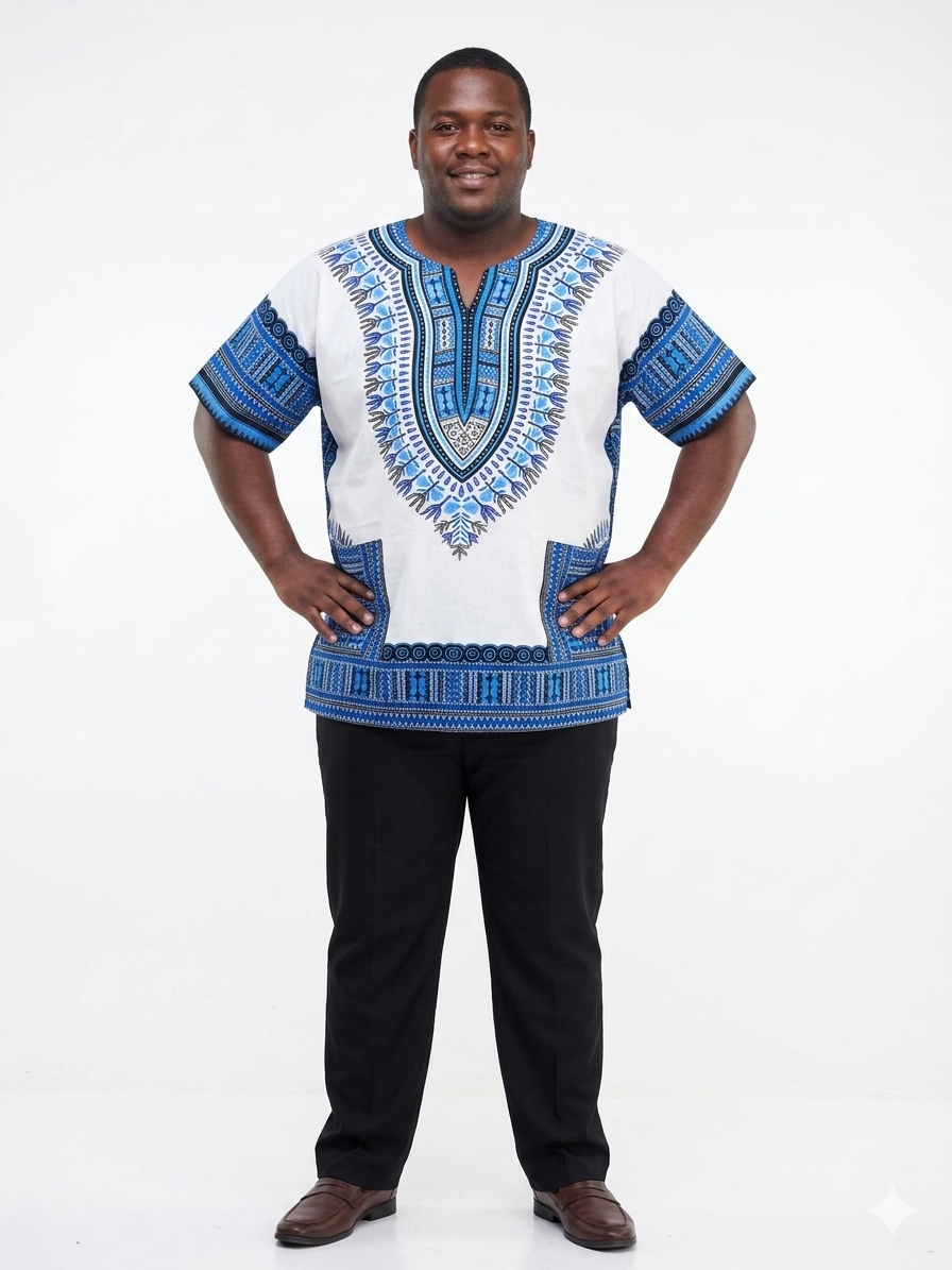 Plus Size Men Cotton Dashiki White-Etnia Negra