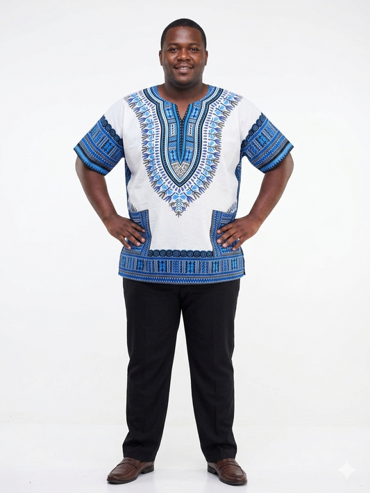 Plus Size Men Cotton Dashiki White-Etnia Negra