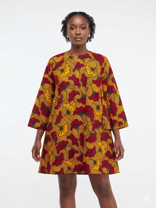 Dress Mustard -Red Print Women - Etnia Negra