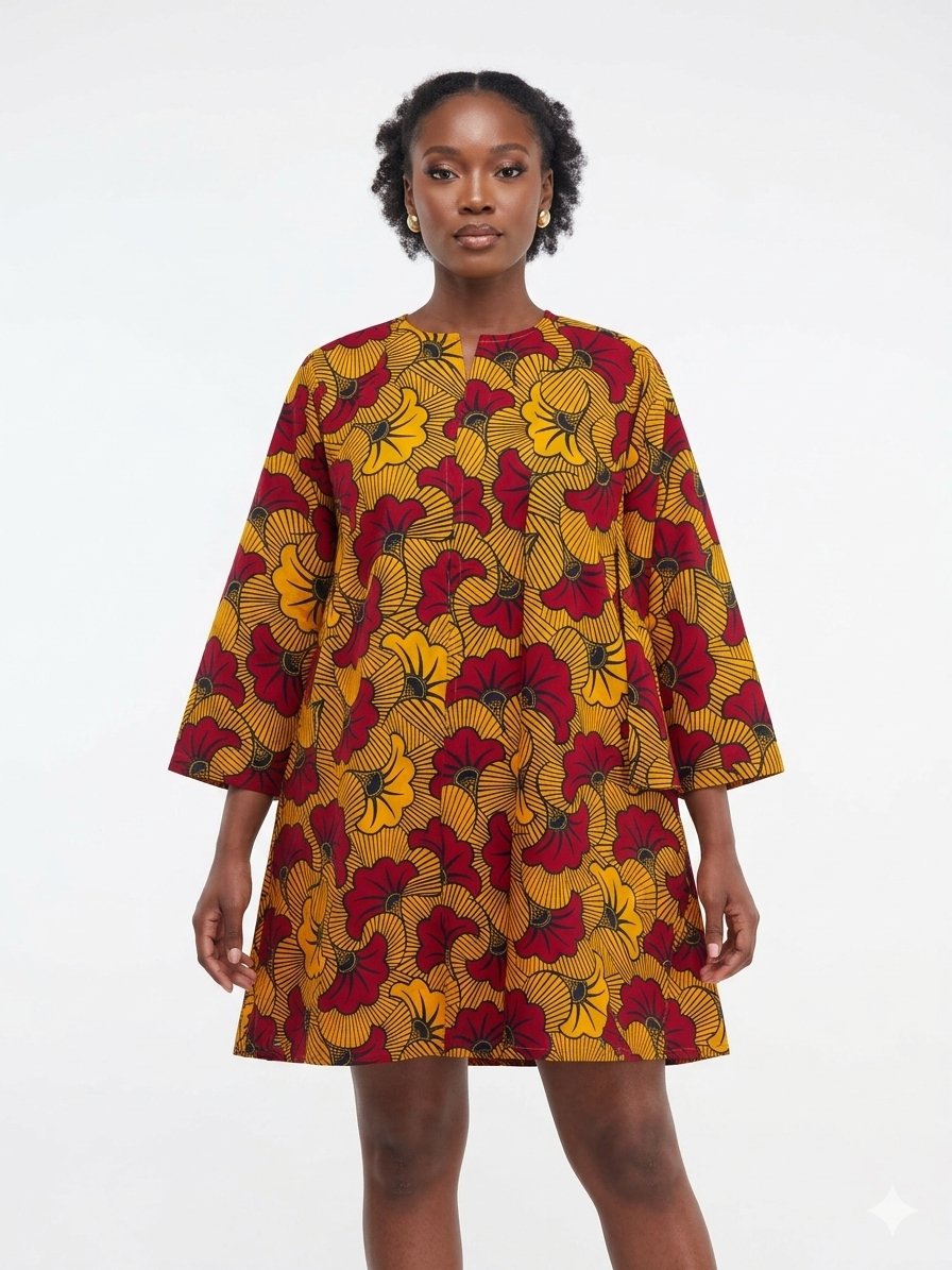 Dress Mustard -Red Print Women - Etnia Negra