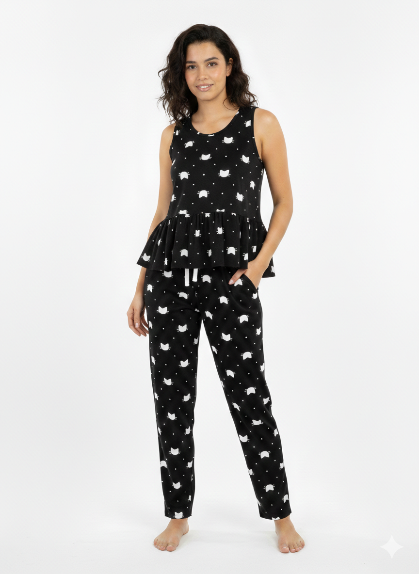 PIJAMA NEGRO CON GATOS BLANCOS