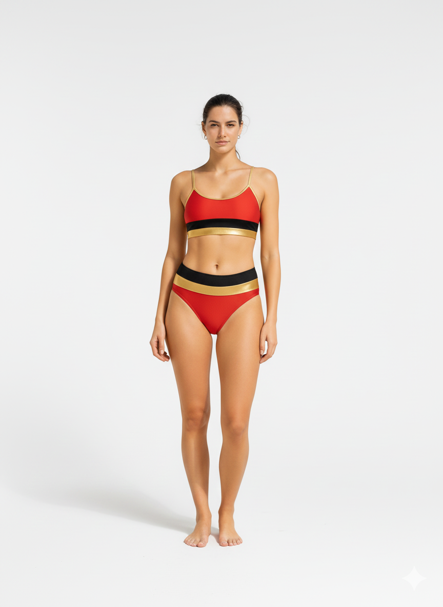 Ladies 2pc Swimsuit Red-Gold-Black - Emme Jordan
