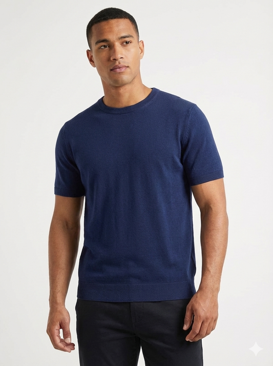 Short-sleeved knitted T-shirt Navy- Luigi Baretta