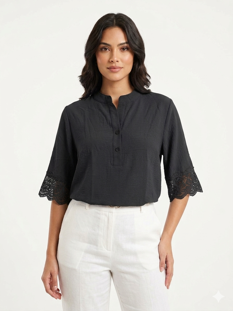 Ladies Air Flow Dress, 2 Button Henley, Crochet Sleeve Black- Liz & Lilli
