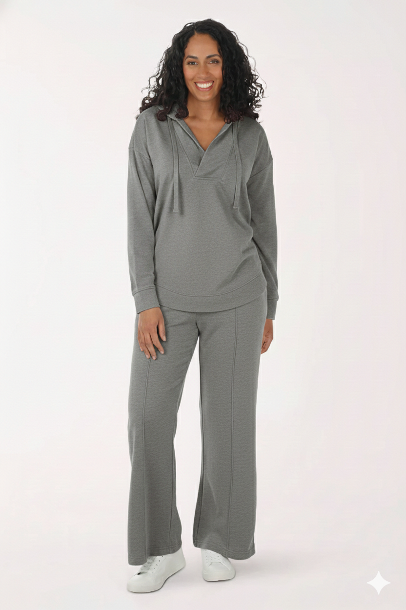 Pintuck French Terry Wide Leg Pant Heather Grey