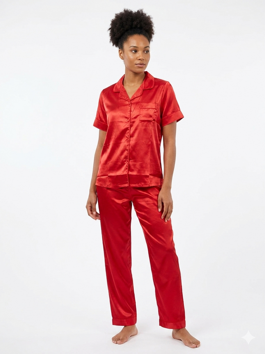 Ladies 2pc Notch Top / Long Pants Set Red
