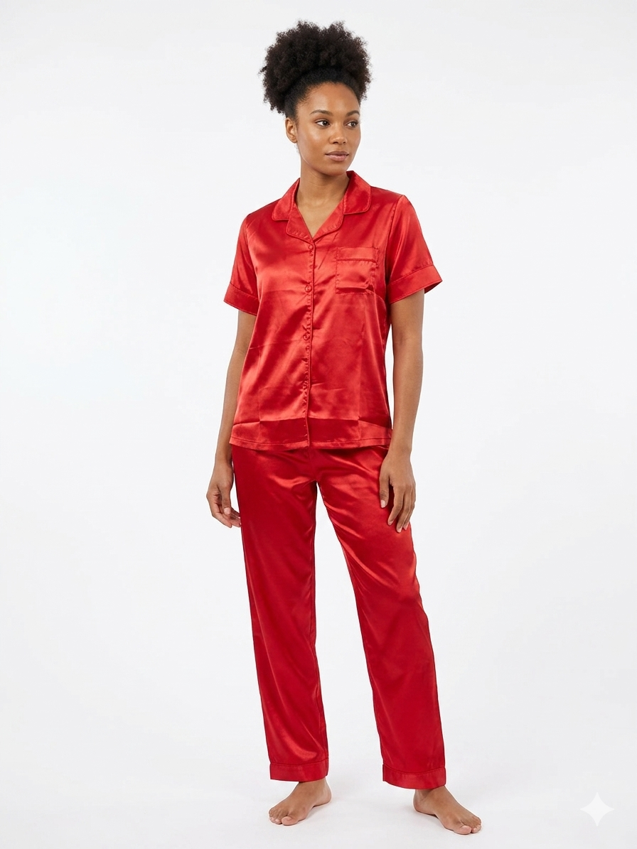 Ladies 2pc Notch Top / Long Pants Set Red