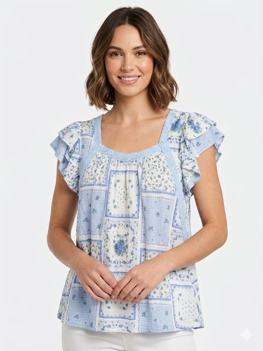 Blouse Short Flutter Sleeve Squa Peri Combo / Blue Combo