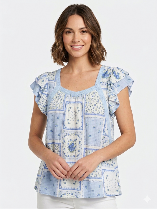 Blouse Short Flutter Sleeve Squa Peri Combo / Blue Combo