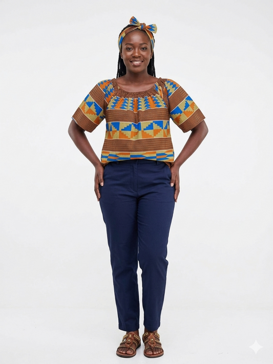 Camisa Dama Chocolate con  franjas Naranja-Azul-Beige  (Etnia Negra)
