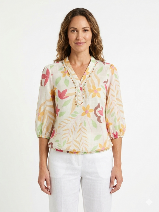 Crochet Trim Henley Pink Multi