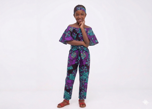 Jumpsuit Niña Morado-Turquesa-Chocolate (Etnia Negra)