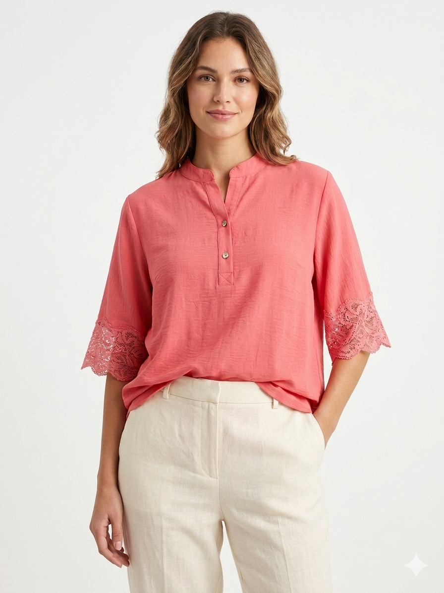 Vestido fluido para mujer, Henley de 2 botones, manga de ganchillo coral- Liz & Lilli