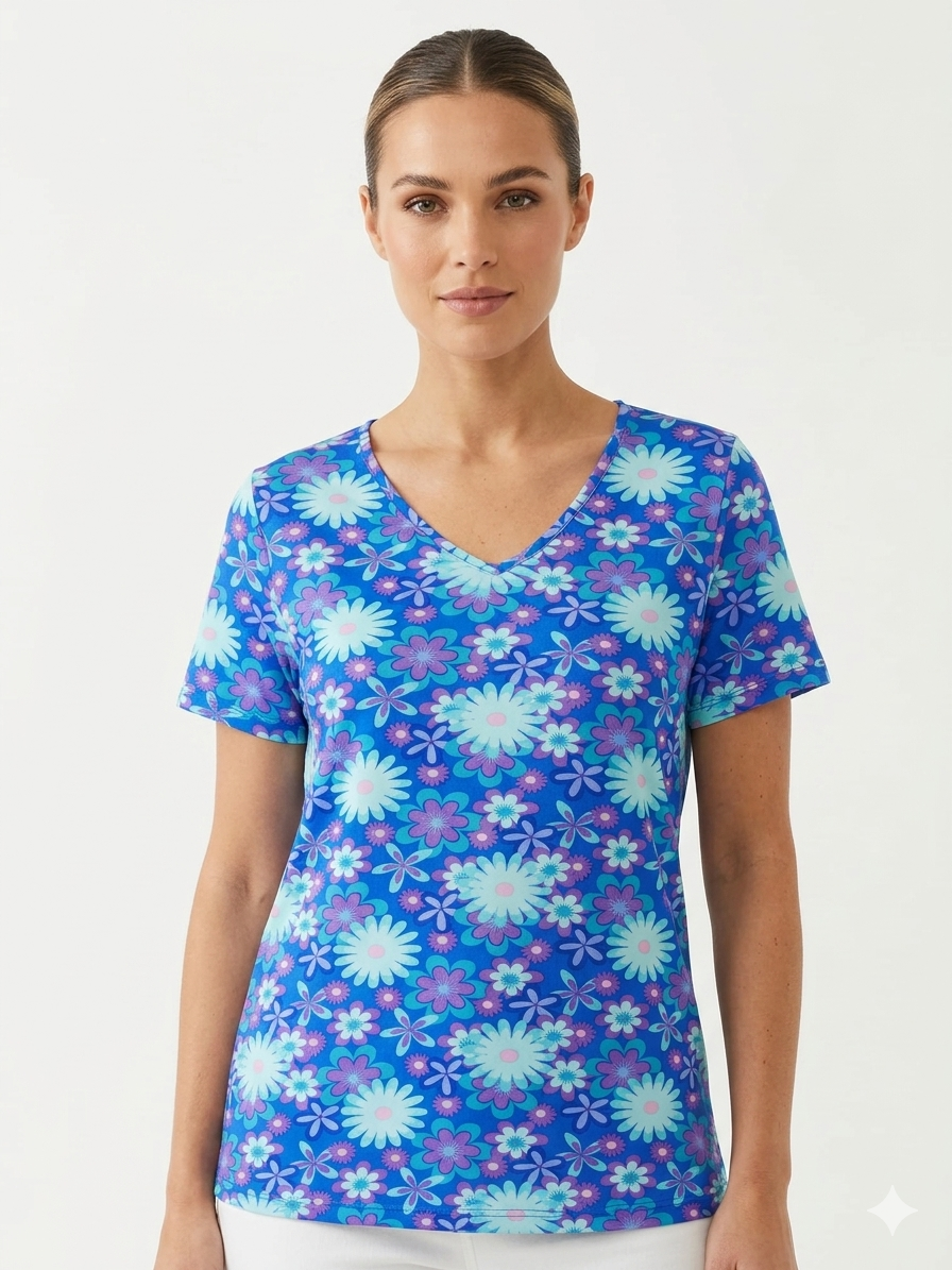 Ladies  Print Top Blue Flowers