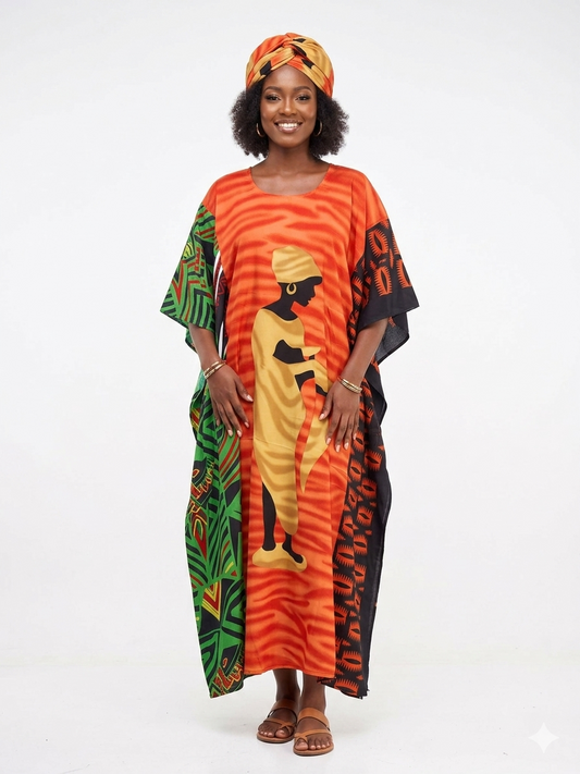 Kaftan Long  Orange Print - Etnia Negra