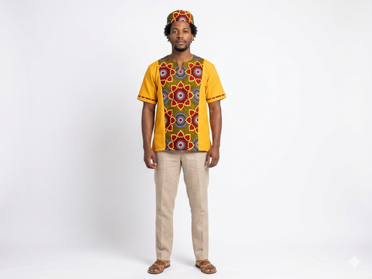 Camisa y Kufi Caballero Amarillo-Estampado (Etnia Negra)